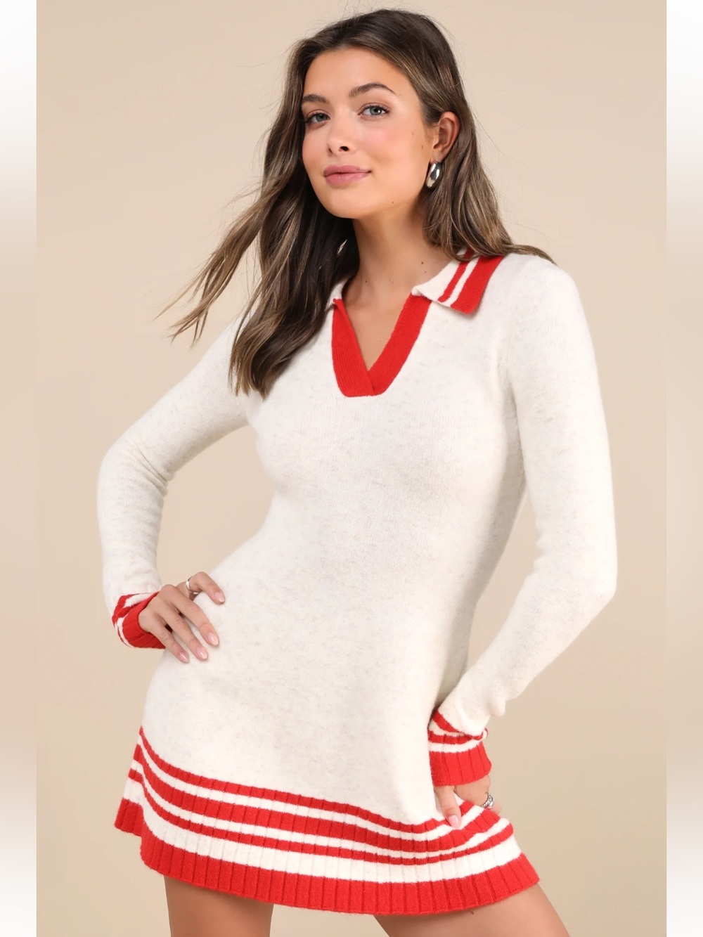 Lulus Soft Serenity Heather Ivory and Red Collared Sweater Mini Dress - Picture 5 of 9
